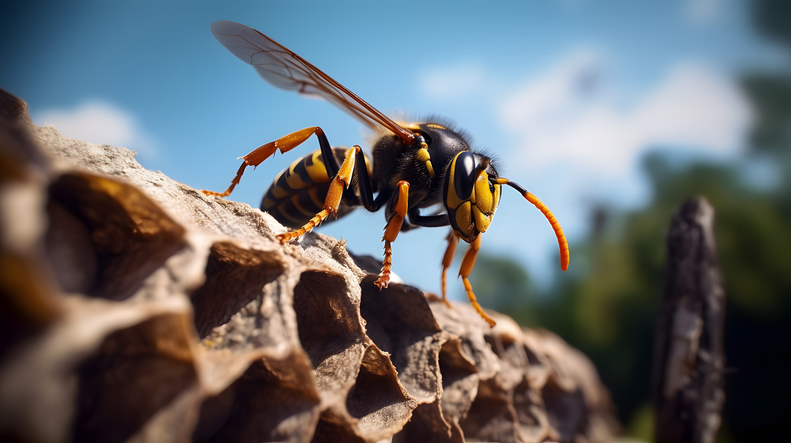 Un frelon asiatique sur un nid d'abeilles en été